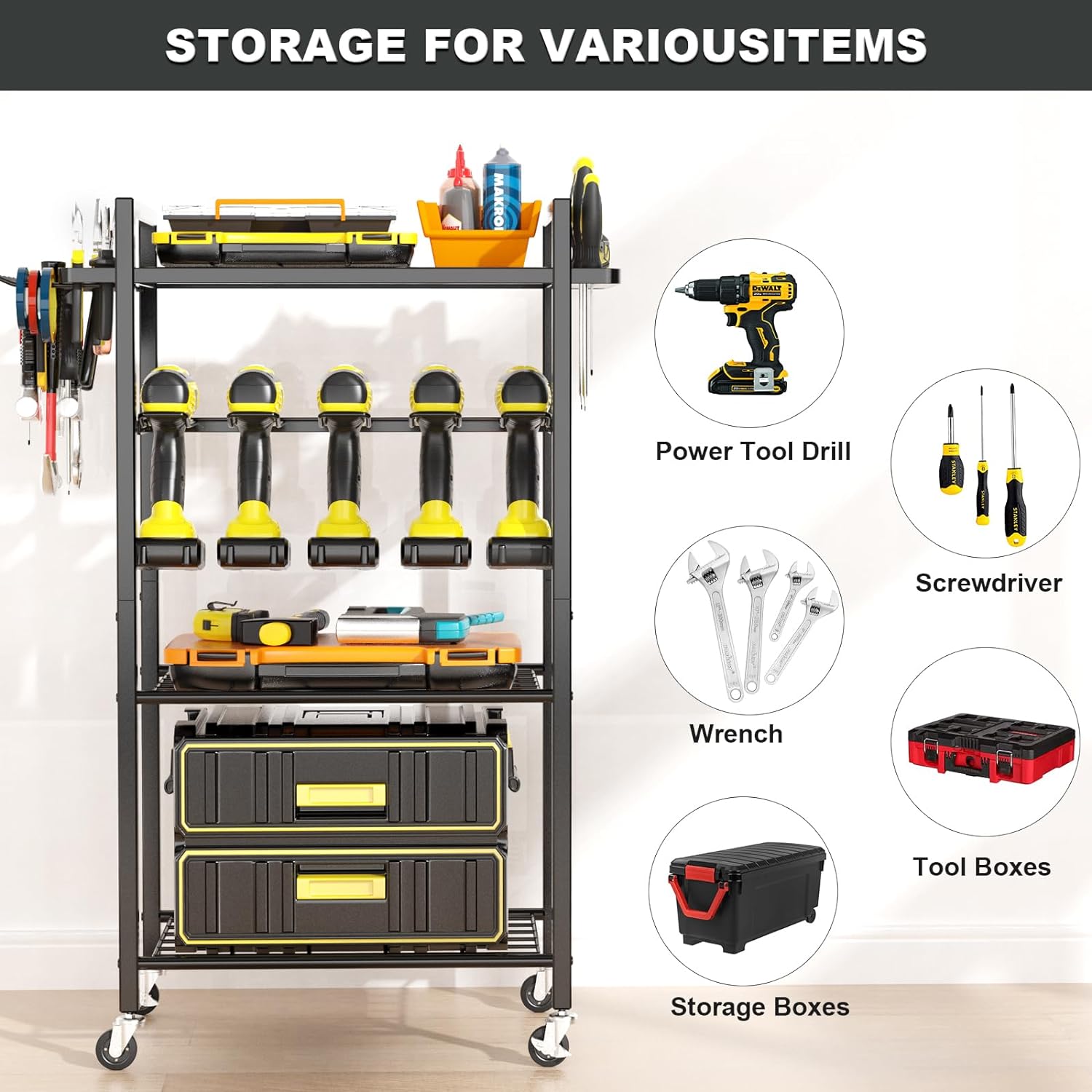 4 Layer Heavy Duty Metal Power Tool Storage Rack with Thick Rolling Cart and Wheel Floor