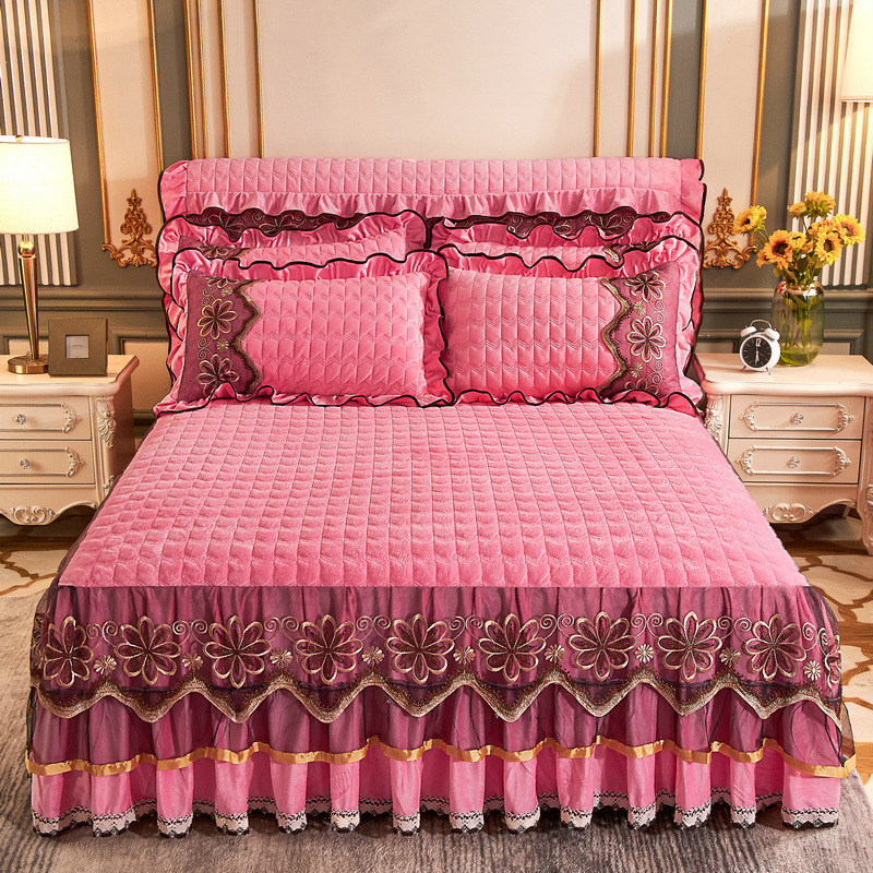 Custom Printed Bed Sheets Embroidery Lace Bed Skirt for European and American Style