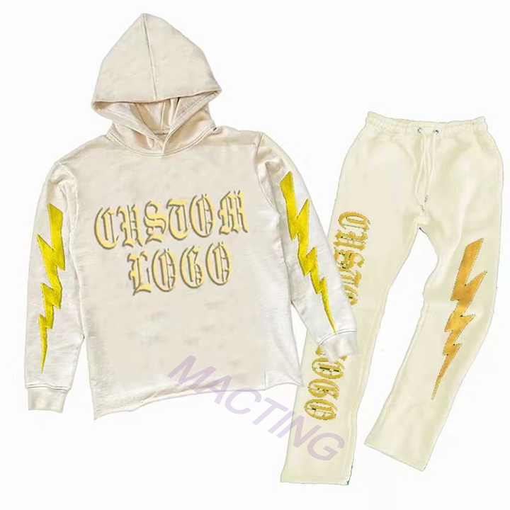 Men's Cotton French Terry Cropped Raw Hem Cut Sew Acid Washed Flared Sweatpants Hoodie Set