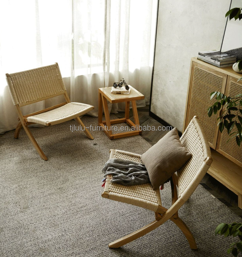 Hotel Living Room Furniture Nordic Style Solid Wood Leisure Chair with Woven Cord and Foldable Design