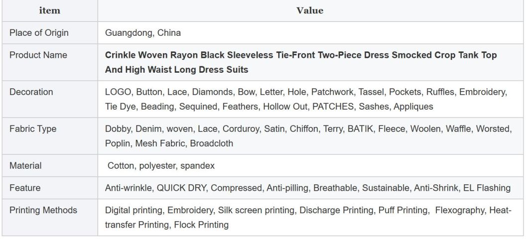 Crinkle Woven Rayon Black Sleeveless Tie-Front Two-Piece Dress Smocked Crop Tank Top and High Waist Long Skirts Suits
