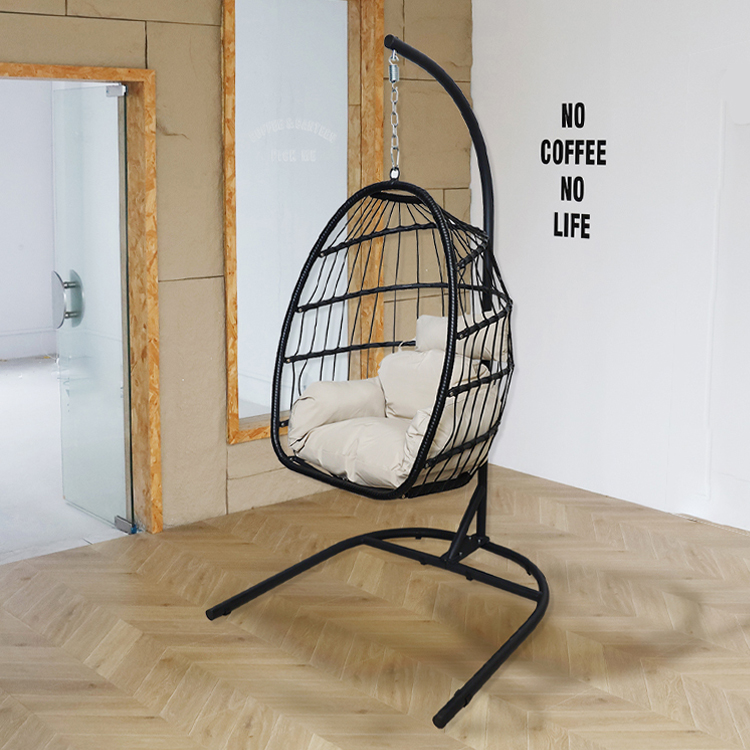 Custom Logo Garden Courtyard Patio Rope Pe Rattan Hanging Swing Chair with Stand
