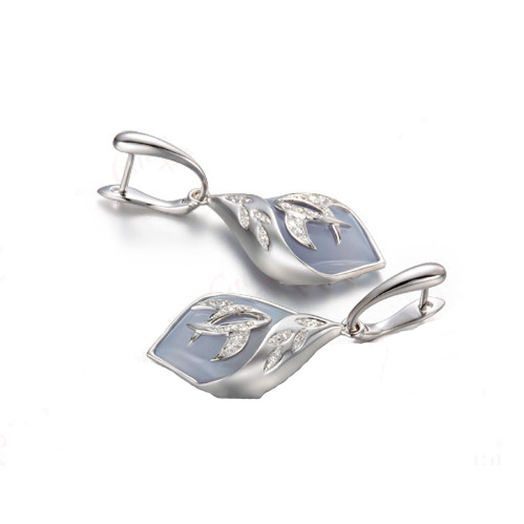 White Gold Blue Chalcedony Damonds Ring Earrings Jewelry Set (GDSET001)