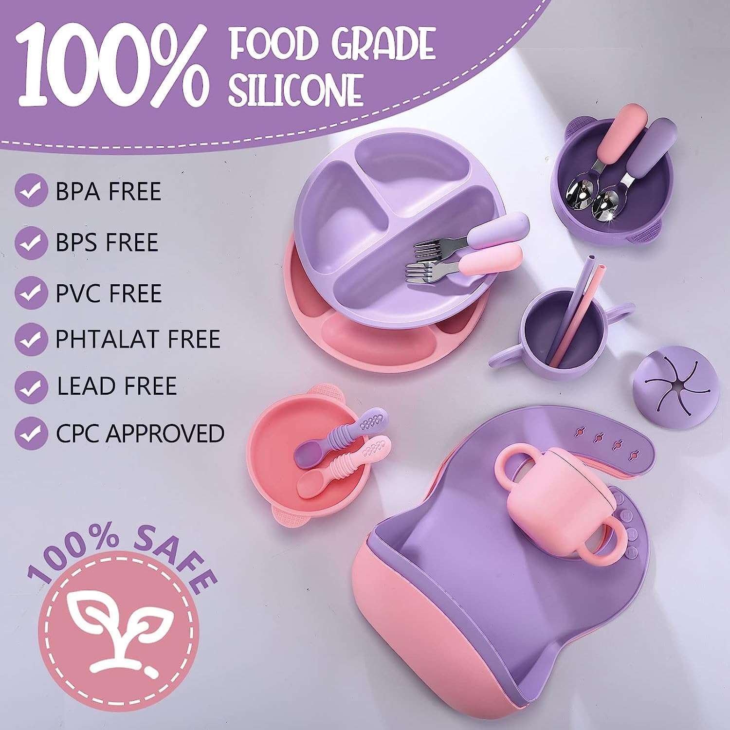 Tasteless Durable Silicone Dinnerware Set Bib And Bowl Multiscene