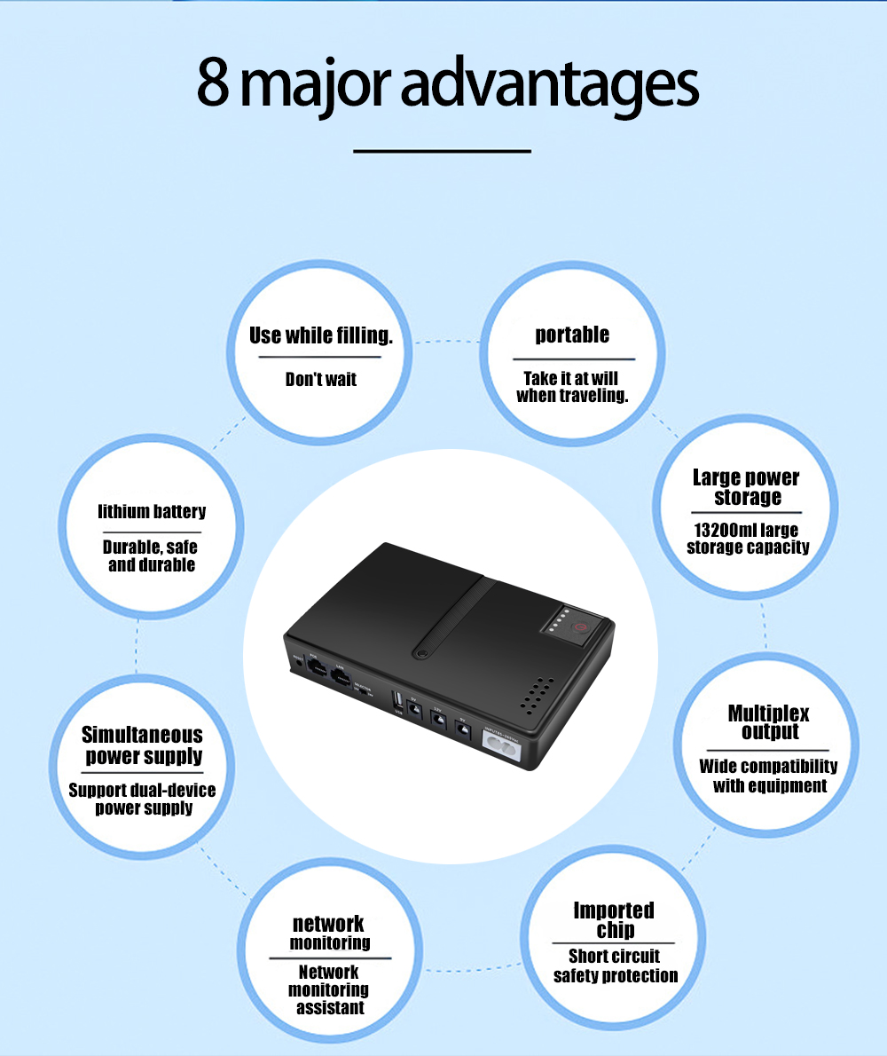 Mini 10400mAh 36W Uninterruptible Power Supply (UPS) for Router Modem CCTV Security Camera AC DC Configurable Power Source