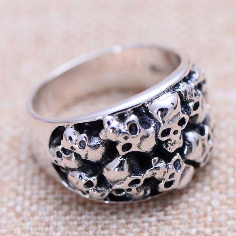 Thai Vintage Sterling Silver Skeleton Skull Men's Band Ring (R6030808)