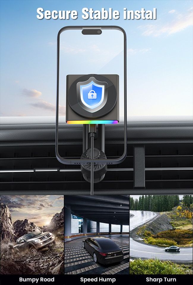 QI2 Ultra-Thin Design Magnetic Car Mount Wireless RGB Light 360-Degree Rotation Fast Charging Sound Pickup Function