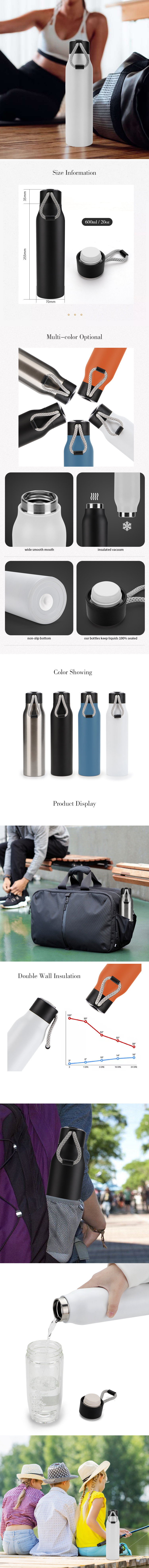 Vacuum Flask 600ml Double Wall Vacuum Insulated Stainless Steel Water Bottle With Nylon Rope