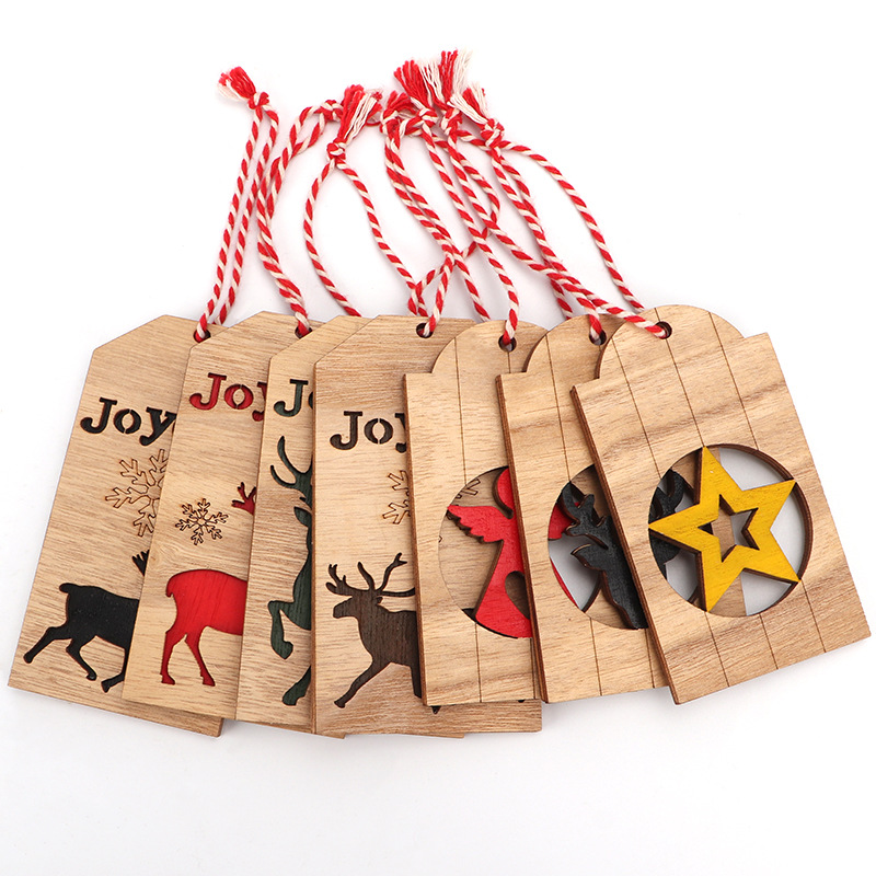 Christmas Ornaments Wood Tree Decorations Wooden Hanging Crafts Santa Claus Snowman Ornaments Gift Tags Decor, Red & Green