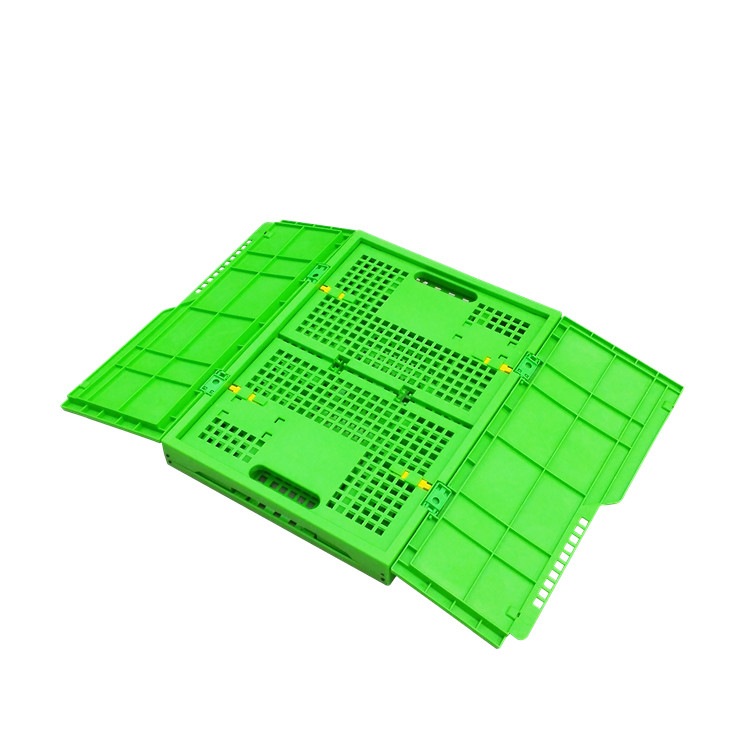 Customized Green PP Plastic Folding Crate Mesh Body + Solid Bottom