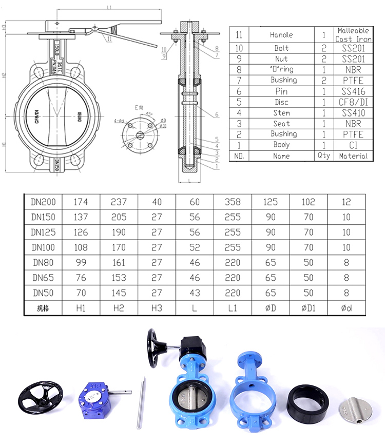 6 Inch Stainless Steel 304 Body Disc Seat EPDM Wafer Type Butterfly Valves Pneumatic Actuator Butterfly Valve