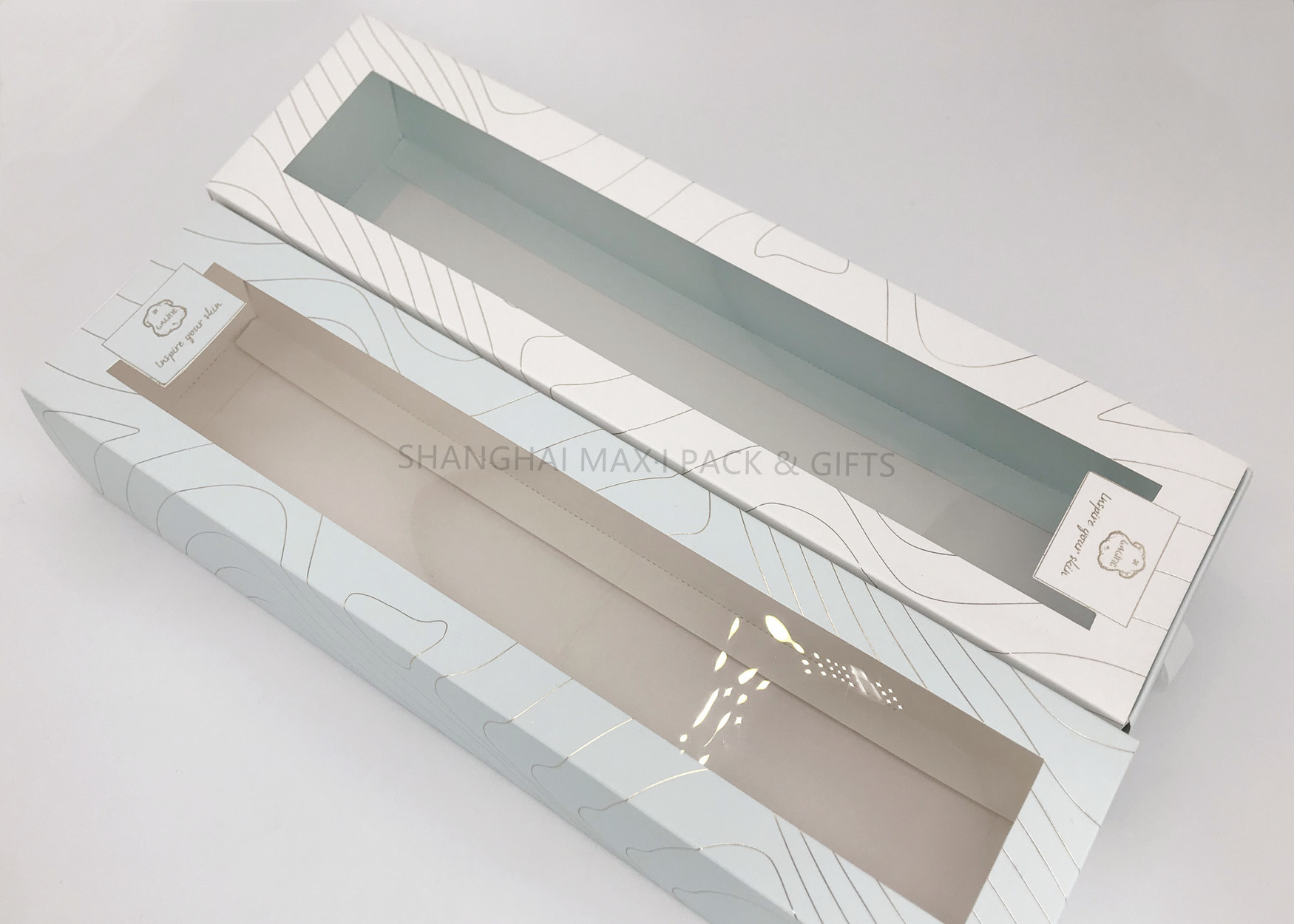 5×13×4 / 5x5x5 Branded Gift Boxes , Paper Drawer Style Gift Box With PVC Window Blanket Packaging