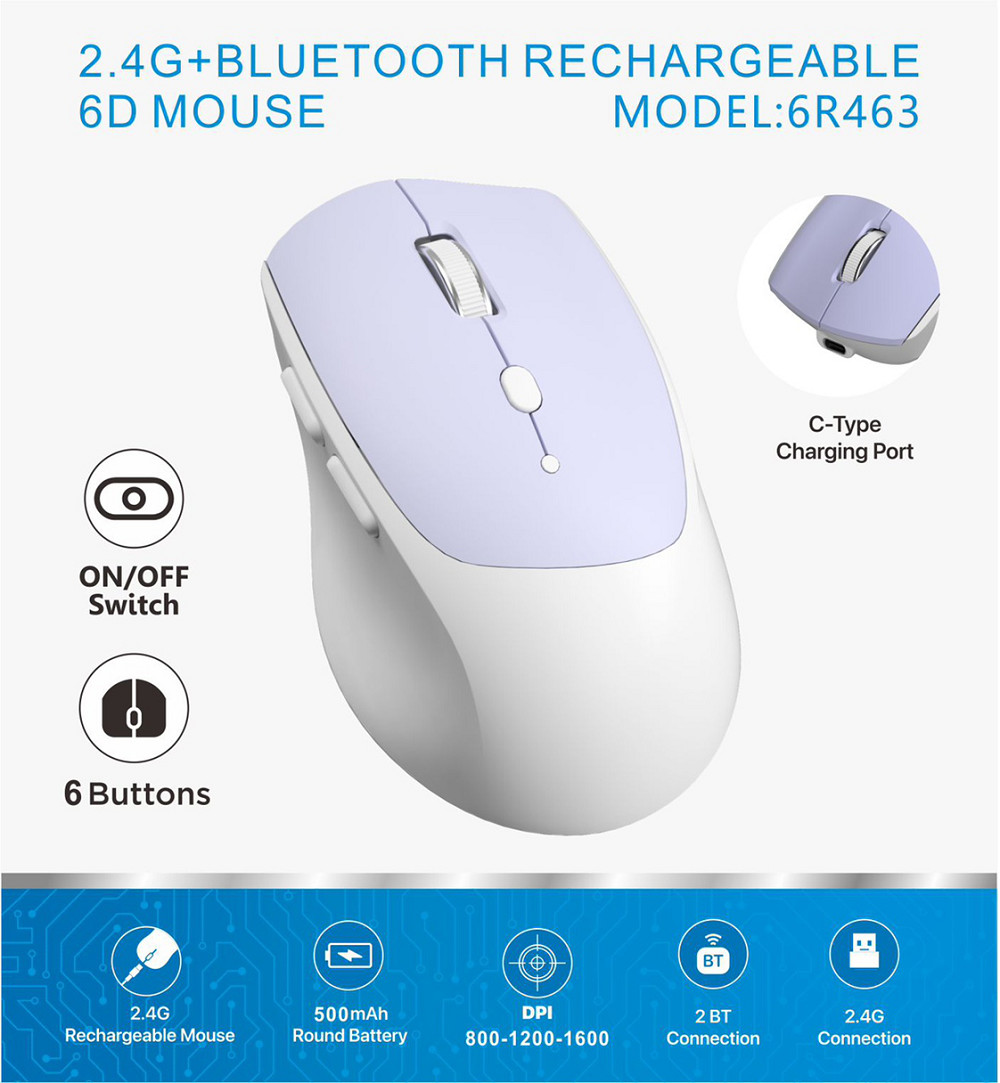 6D, 2.4G connection, 800-1600 DPI, 500mAh round battery, Type-C interface. Ideal for office workers, gamers