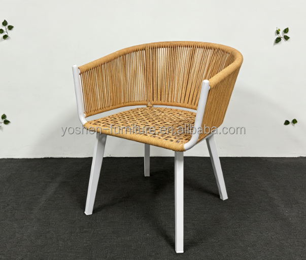 White Frame Light Beige Woven Rope Patio Chair for Outdoor Garden and Terrace