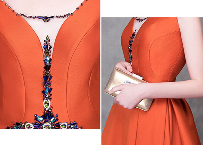 Beautiful Beading Long Tail Gown Orange Color Sleeveless V Collar Bandage Design