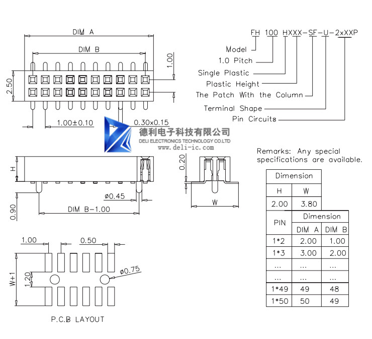 Brass Contact Pitch 1.00mm Pcb Connector Female Header 0.75 Amps 300v Dual Row SF-U Series