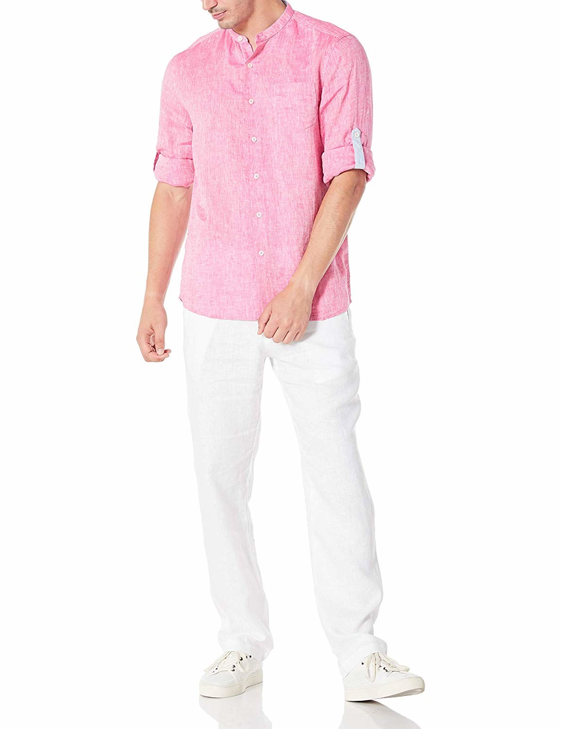 Chambray Band Collar Woven Mens Casual Linen Shirts Long Sleeve Standard Fit