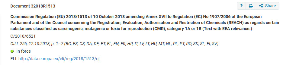 Entry 72 of Commission Regulation (EU) 2018/1513 amending Annex XVII of REACH Regulation (EC) No 1907/2006