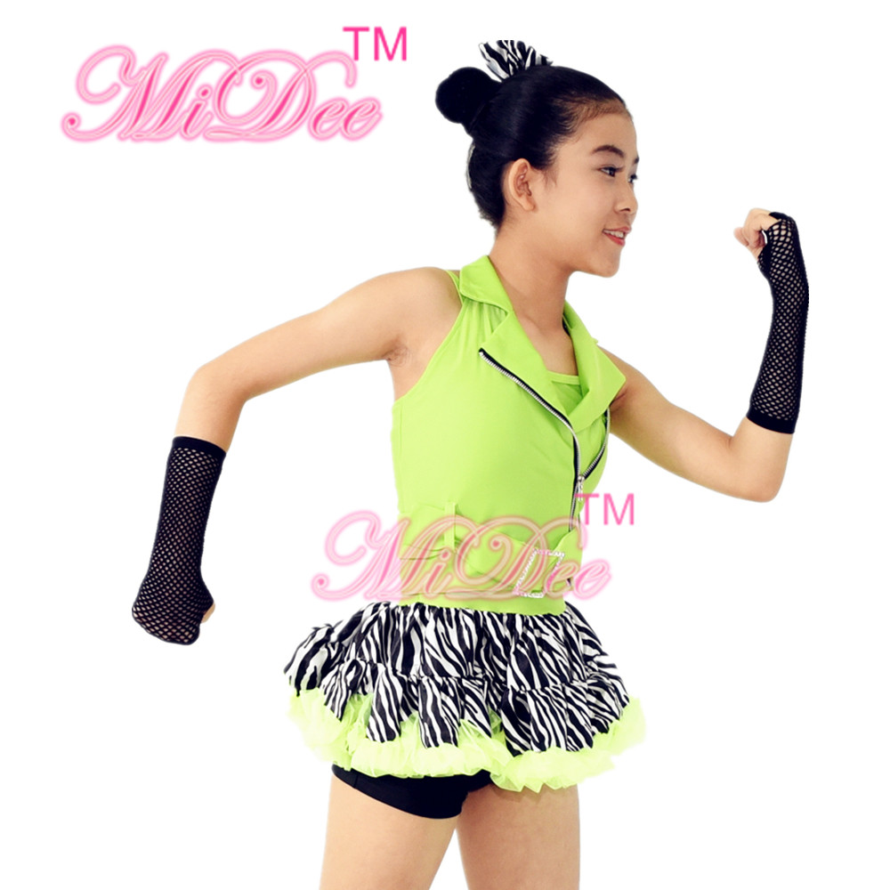 3 in 1 Sleeveless Green Belt Vest Zebra Skirt Leotard Dance Competition Costumes