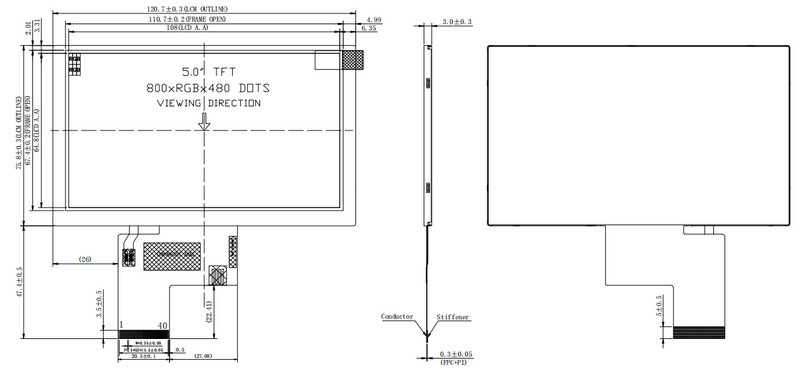 5.0 Inch Transmissive LCD Display 800X480 Resolution 24 Bit RGB TN LCD Display
