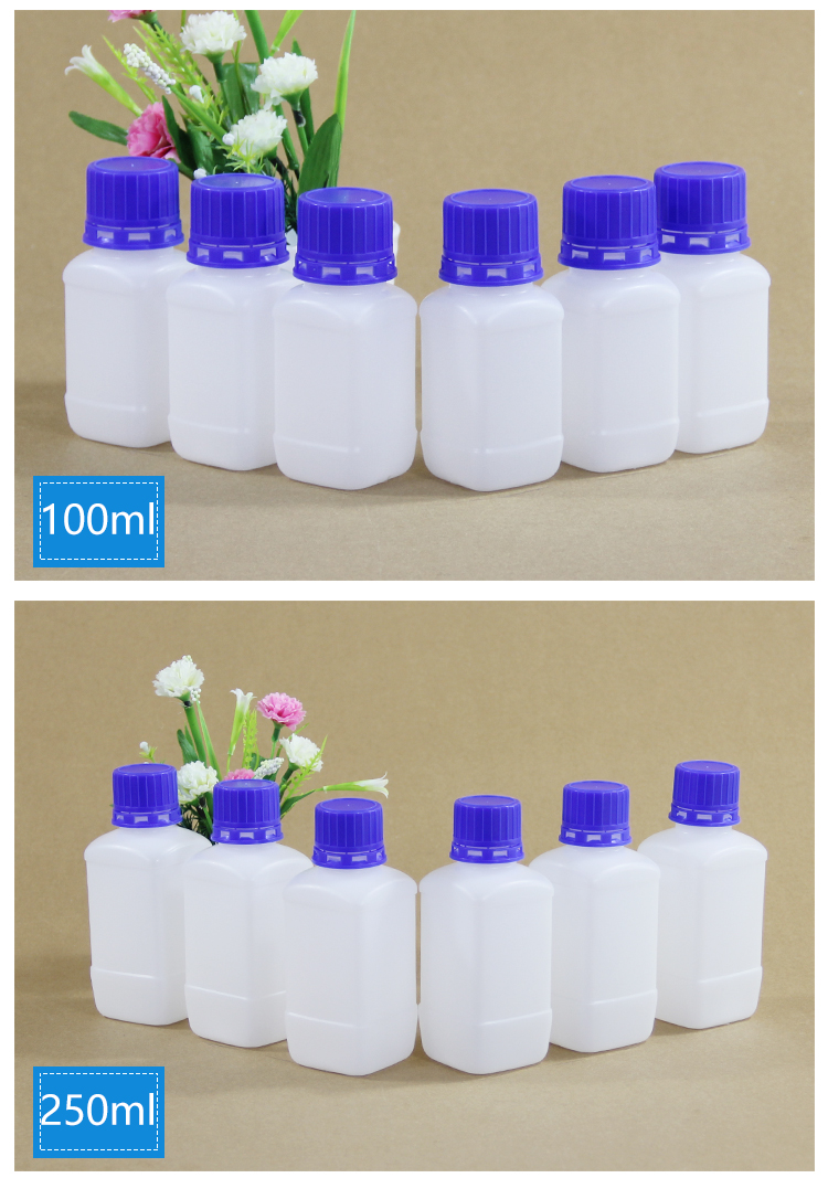 Square White HDPE Plastic Lab Bottles Reagent Chemical Storage 60ml-250ml