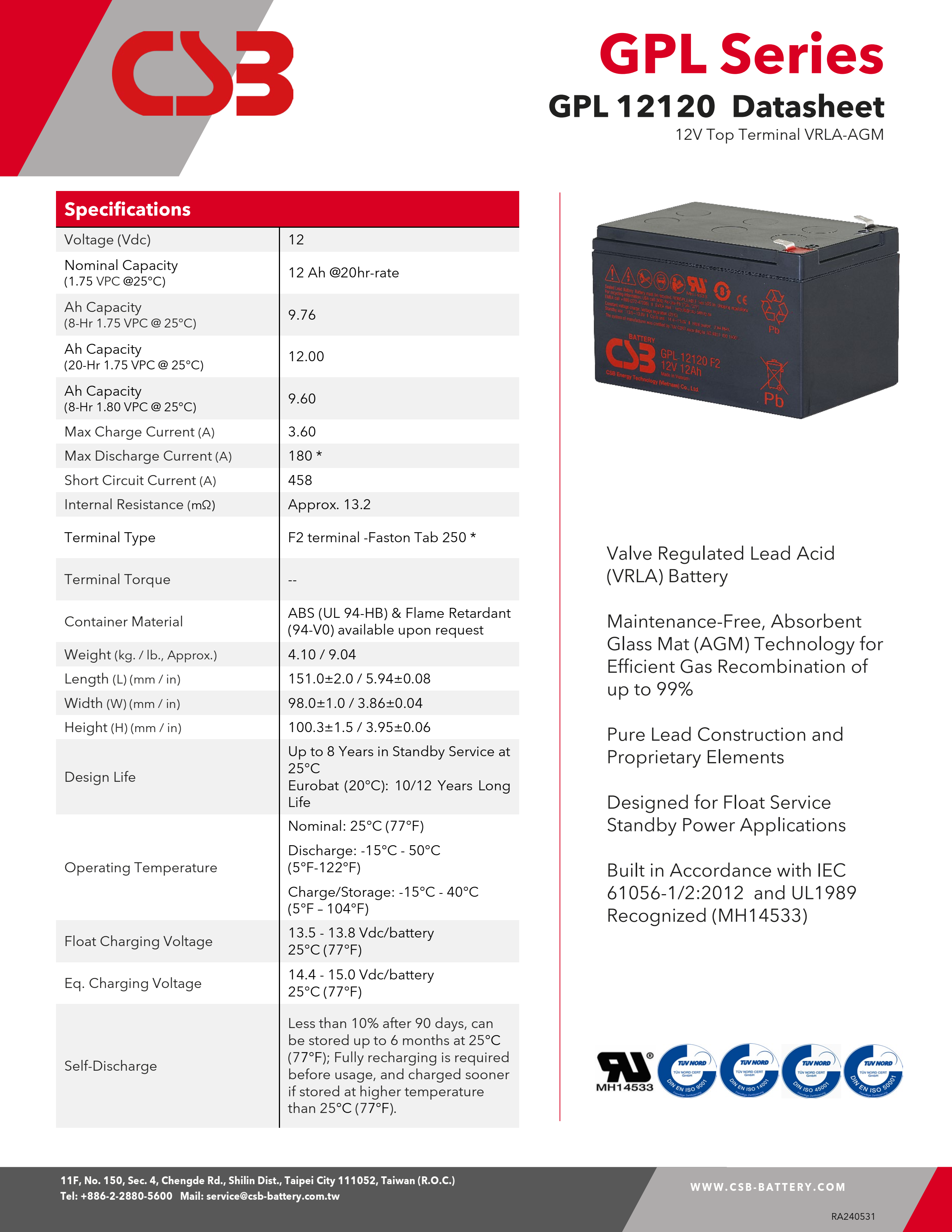 CSB Battery GPL12120 12V 12Ah Sealed Lead Acid Battery Long Life Rechargeable Battery for UPS