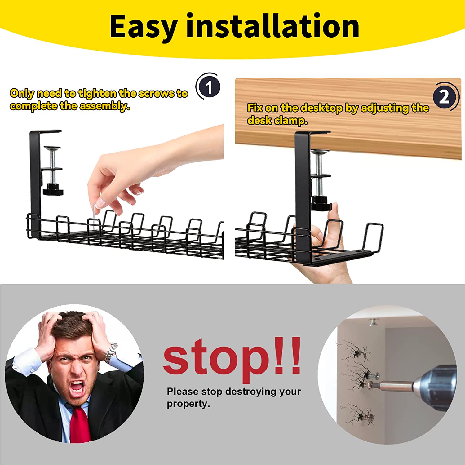 Under Desk Cable Management Made Easy Bolt Inserting Wire Organizer with Iron Fabric