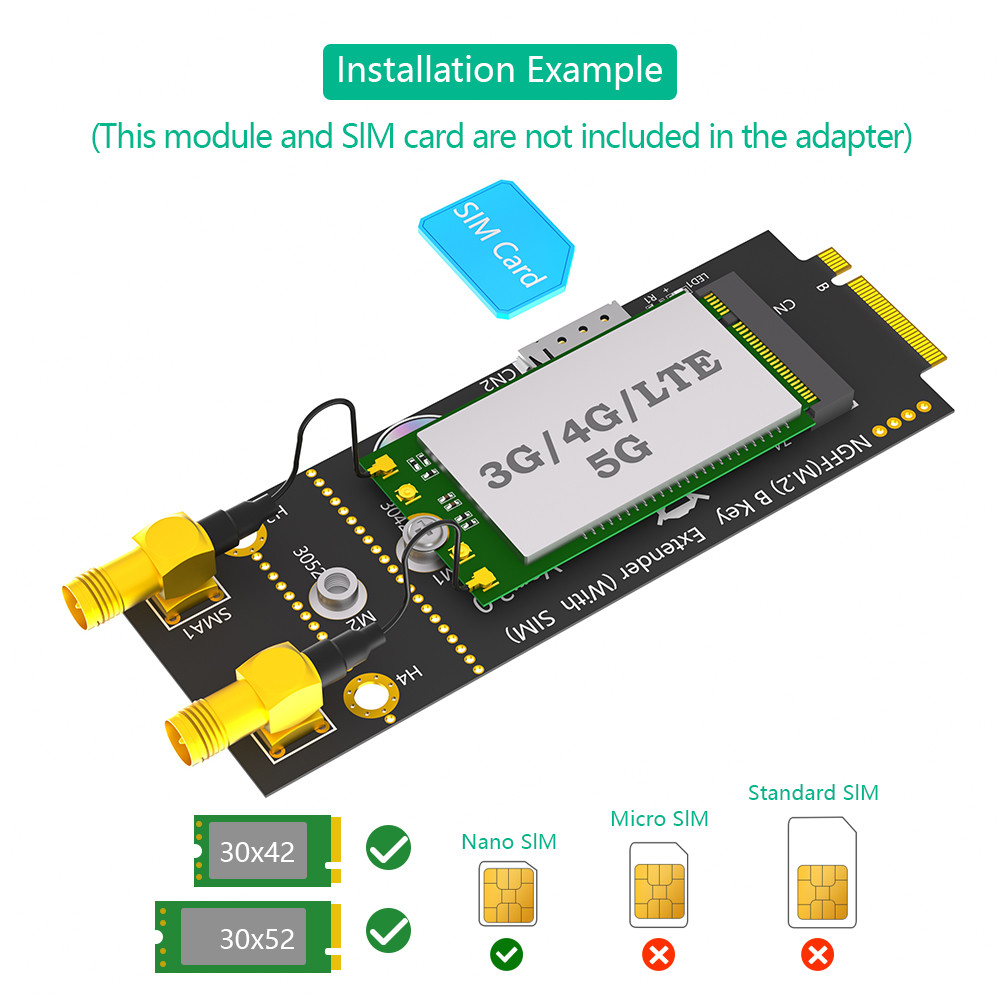 M.2(NGFF) Key B Adapter With SIM card and Antenna for 3G/4G/5G Module