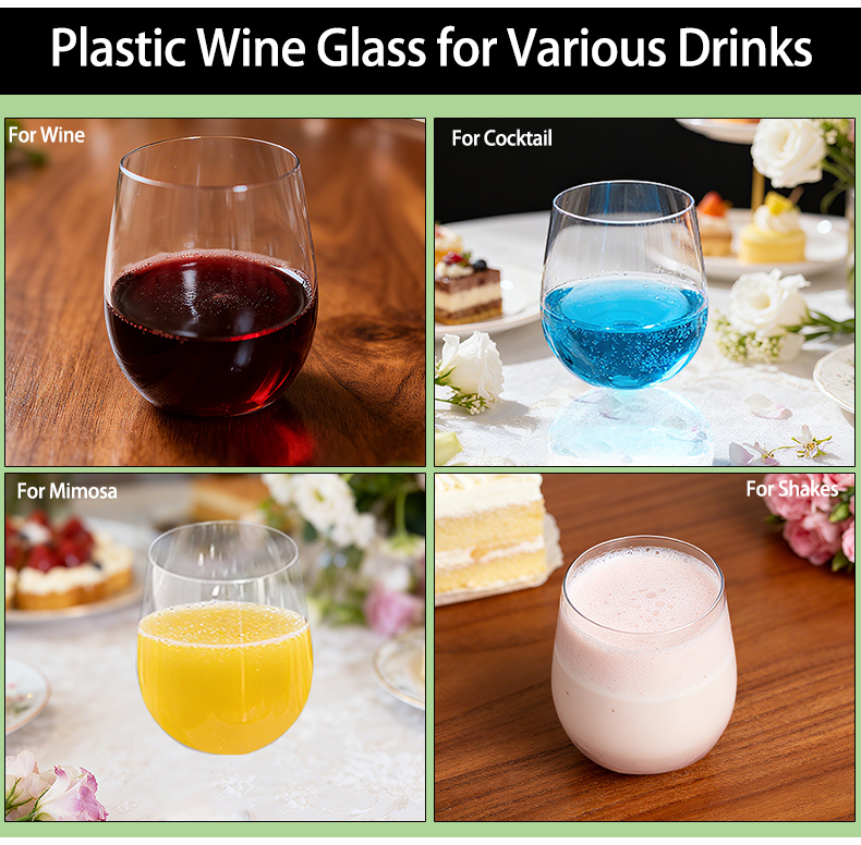 Clear Plastic Wine Cup 12Oz Unbreakable & Crystal Plastic Stemless Champagne Glasses for Parties Weddings