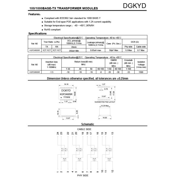 24PIN 1000BASE-TX 1000M Network Ethernet Shielded Ethernet Transformer KGP2460SR