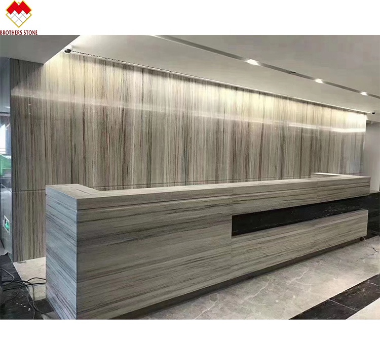 Wooden White Marble Straight Stair with Drawing Surface and Anti-Slip Tape Design