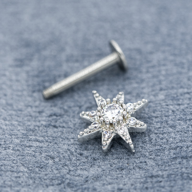 Flower Top 16G Labret Piercing Jewelry 8mm Clear Gems 316 Stainless Steel Bar