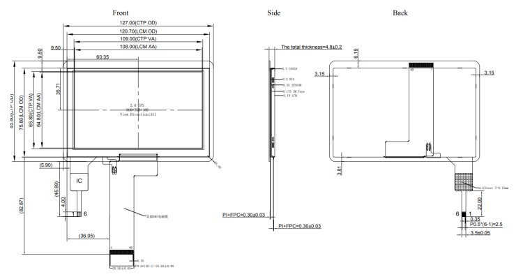 5 Inch Capacitive Touch LCD Monitor 40pin RGB Interface 1000 Brightness Resolution 800X480 Driver IC ST7262