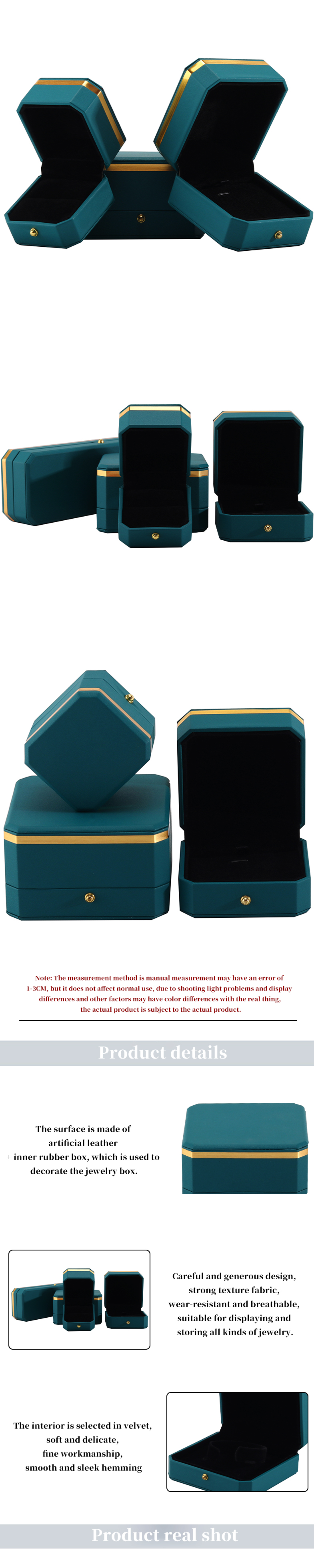 Dark Green Upscale Octagonal Faux Leather Luxury Box Gold Trim Jewelry Packaging