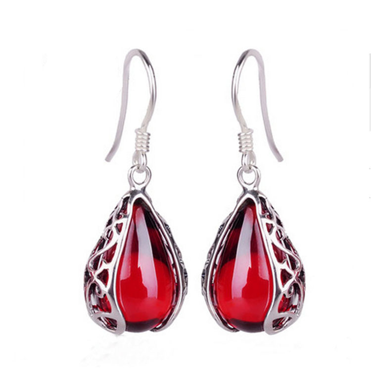 Thai Vintage Sterling Silver Drop Created Garnet Dangle Earrings (E12038)