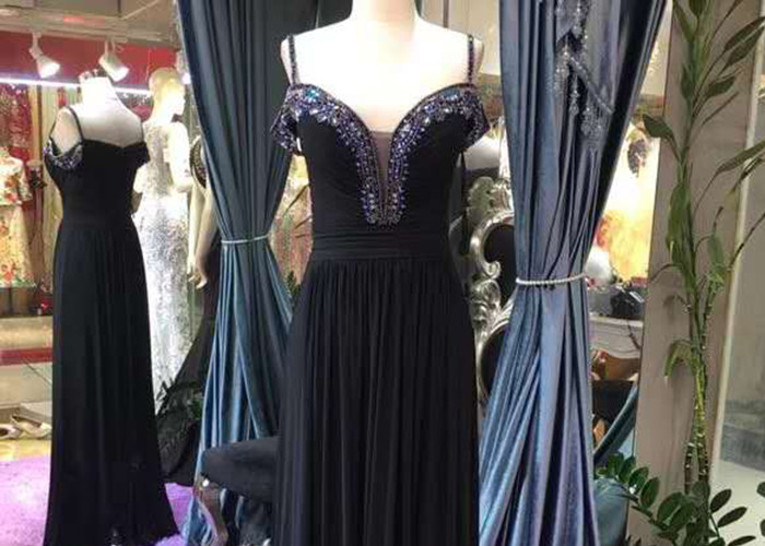 Sling Black A Line Prom Dress Deep V Neck Sweetheart Blue Beading Stretch Fabric