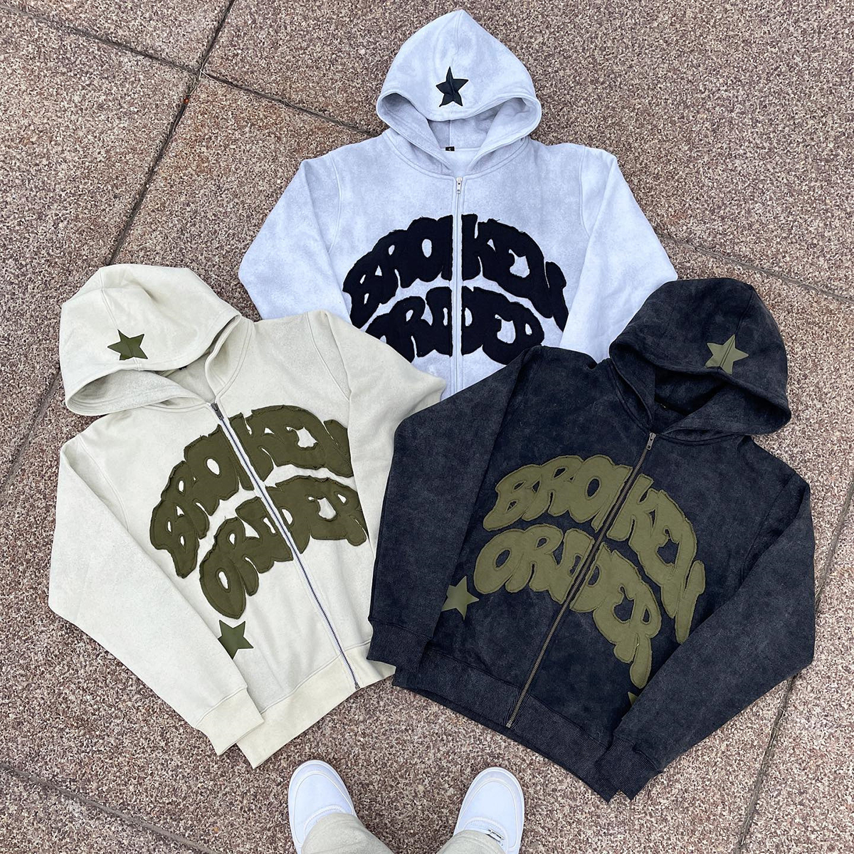 Custom Oversized Sun Faded Distressed Zip Up Embroidered Patch Hoodie Set