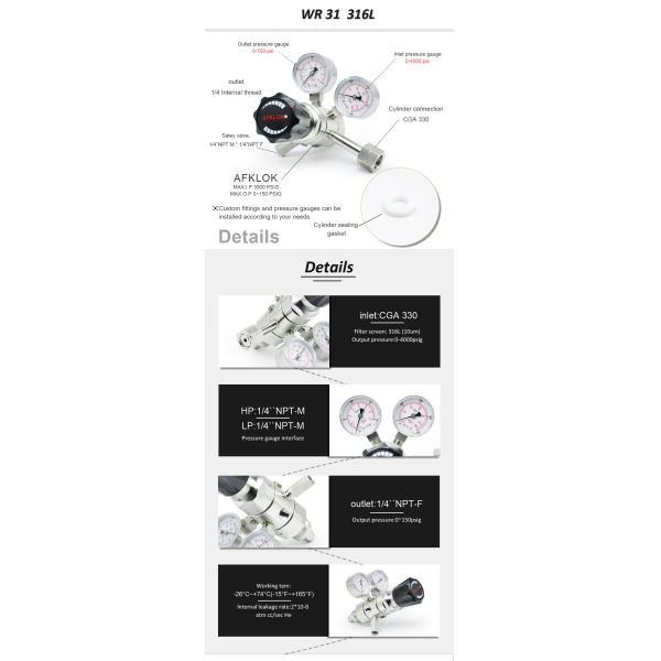 Stainless Steel High Pressure Air Regulator Two Stage Pressure Regulator With Relief Valve