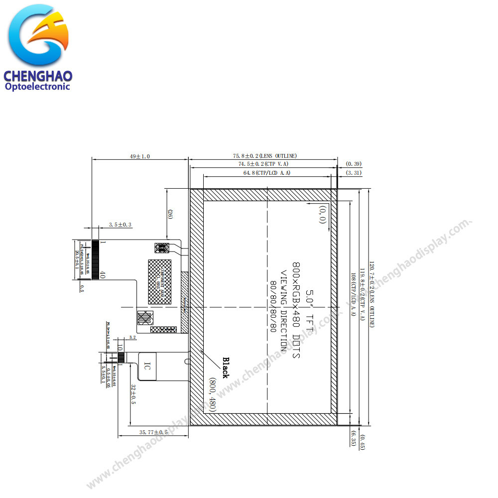 800*480 Capacitive TFT LCD Display 5.0 Inch 40pin Free Viewing Angle