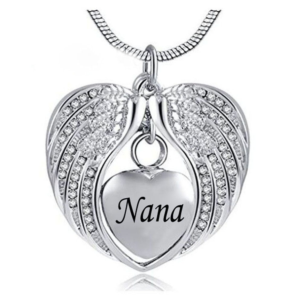 Crystal Charm Angel Wing Cremation Urn Necklace Engraved Mom/Dad/Son Memorial Jewelry