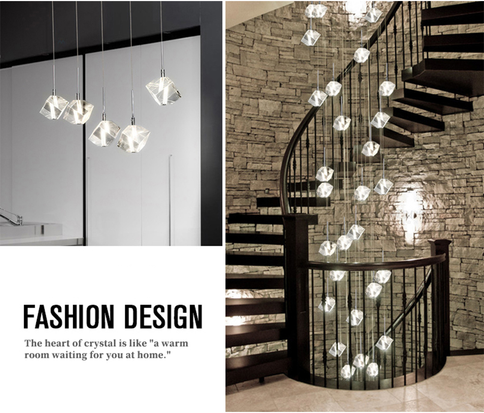 LED square pendant lights hotel villa large spiral staircase chrome Diamond Chandelier(WH-NC-57)