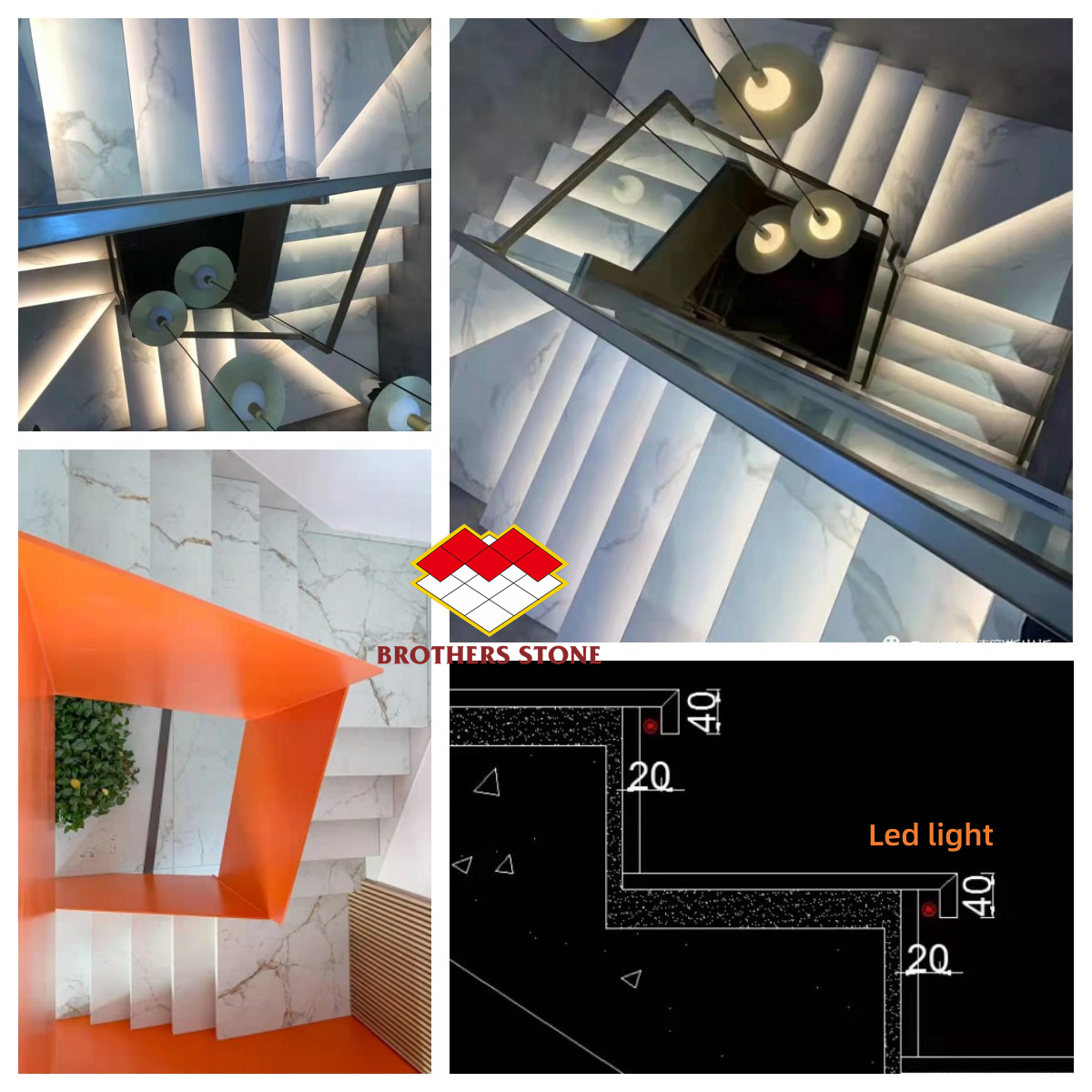 Indoor Stairs Made of Artificial Stone with Calacatta Pattern and LED Lighting Cover