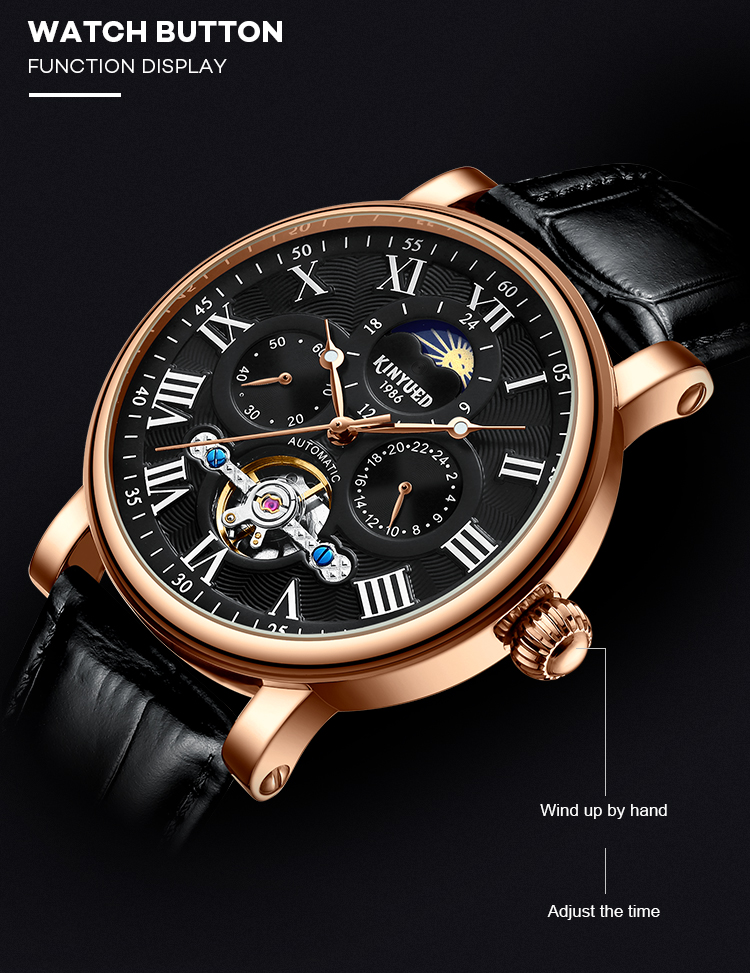 KINYUED wristwatches automatic men moon phase luminous tourbillon skeleton mechanical watch