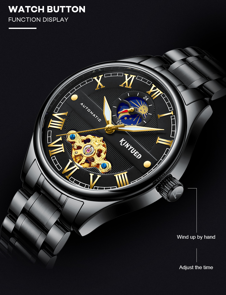 KINYUED luminous moon phase luxury black watch tourbillon automatic mechanical watch for men