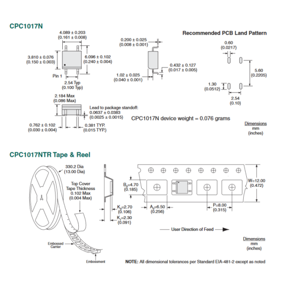 CPC1017NTR SOP 4 Solid State Relays PCB Mount Single Pole Normally Open 4 Lead