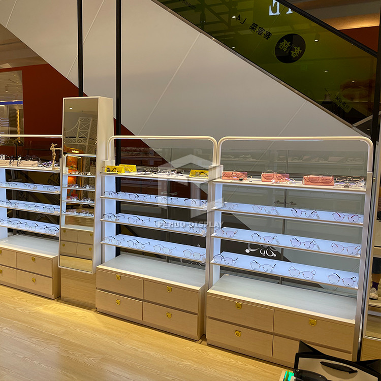 3mm Thick Wood Optical Shop Display Cabinets Showroom Luxury Style