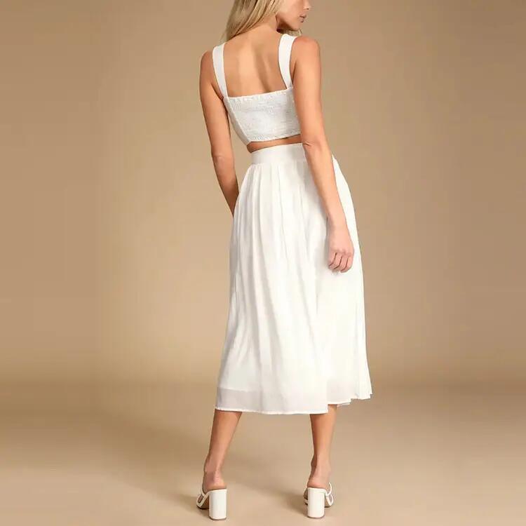 Crinkle Woven Rayon Black Sleeveless Tie-Front Two-Piece Dress Smocked Crop Tank Top and High Waist Long Skirts Suits