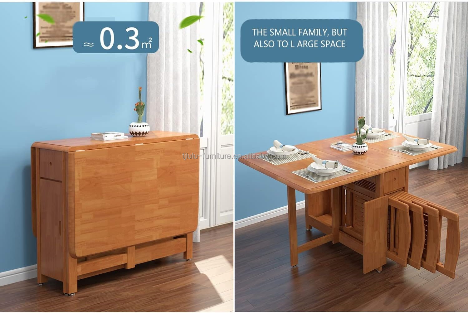 Home Office Solid Wood Folding Dinning Table in American Walnut Color with Solid Frame and Style