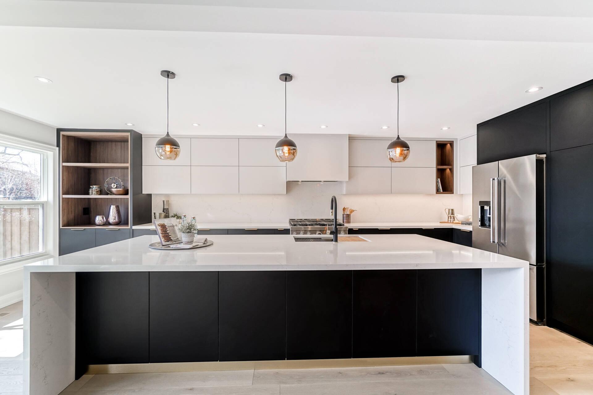 Large White Kitchen Island with Eased Edge Countertop in Modern European Design