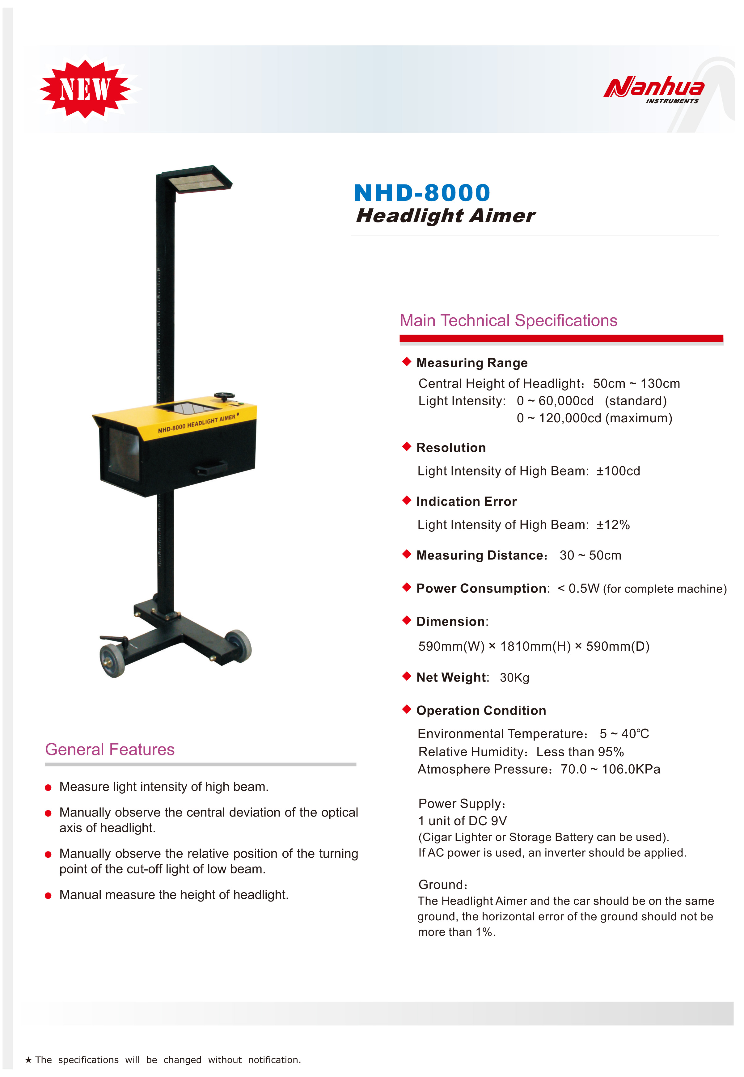 NHD-8000 Car Headlight Tester Central Height 130cm 220v 50hz For All Cars